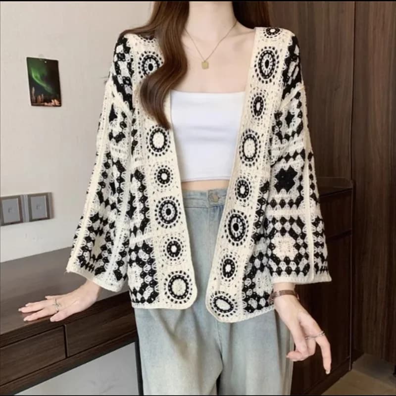 Cardigan all'uncinetto da donna, maglia traforata, protezione solare, sottile, estivo, ampio, con motivo floreale all'uncinetto