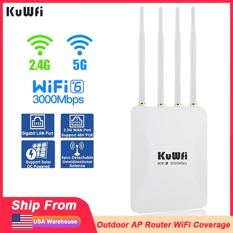 Router AP Esterno KuWFi 3000Mbps, Dual WiFi6 2.4GHz 5GHz, Ripetitore di Segnale, Porta Gigabit RJ45, Alimentazione POE 48V, Solare DC