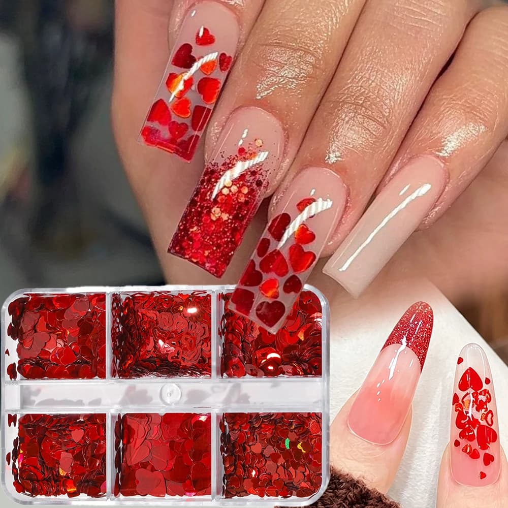 6Grid Valentine's Day Heart Nail Sequins 3D Mixed Laser Love Heart Nail Art Glitter Flakes Holographic Epoxy Resin LovePaillette