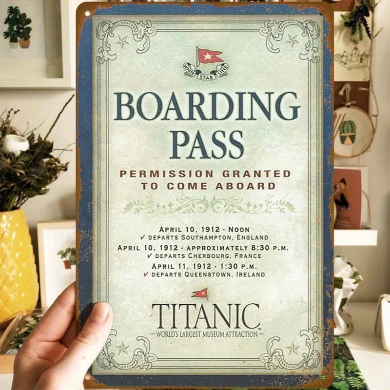 Targa in metallo vintage con passaporto del Titanic - Insegna in ferro da 20,32x30,48 cm con dettagli sul viaggio da Southampton a New York