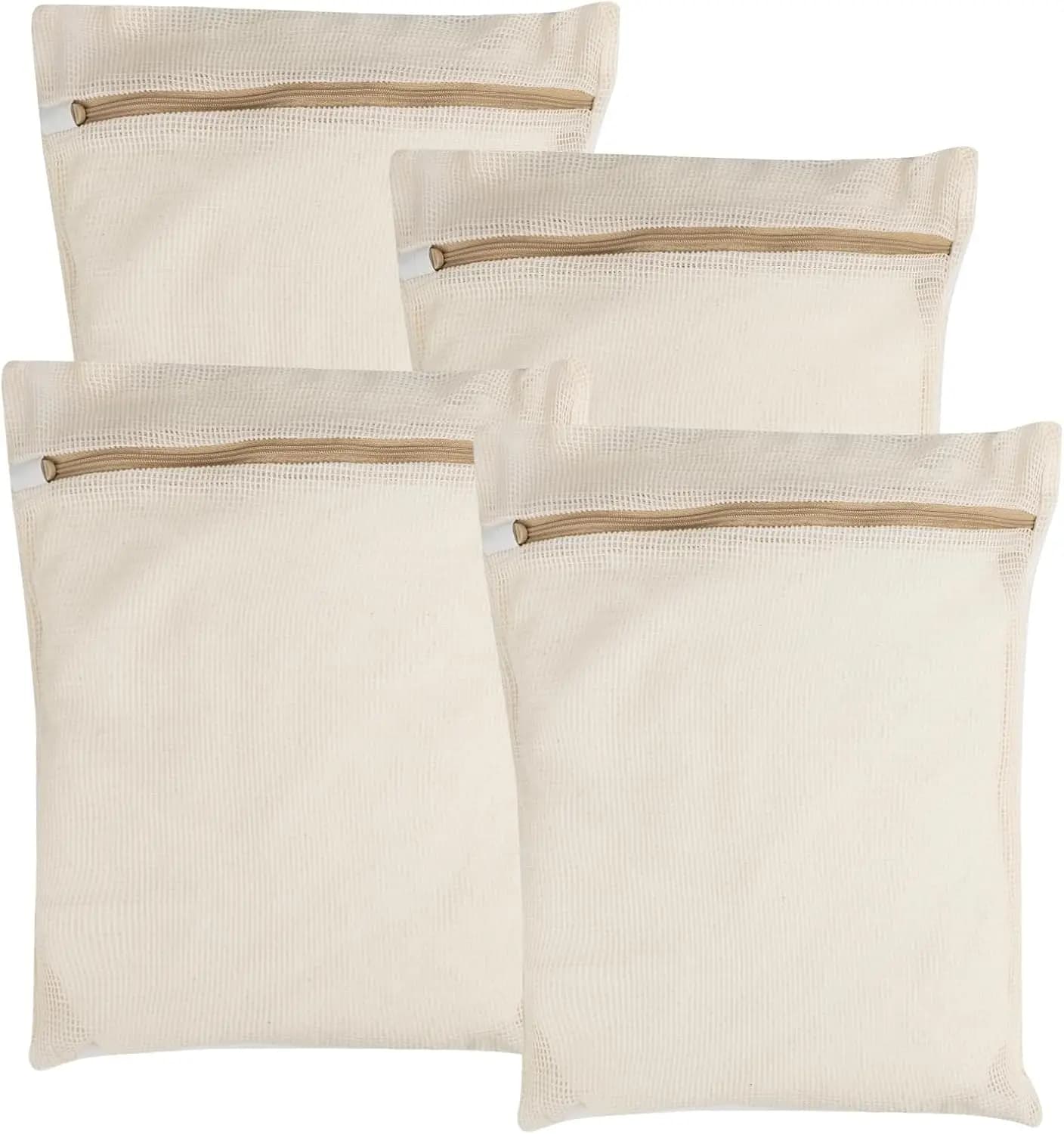 Set di 4 Sacchetti per Bucato in Cotone Organico a Rete, Misura Media 11x15 Pollici, Cerniere Resistenti, Traspiranti per Capi Delicati