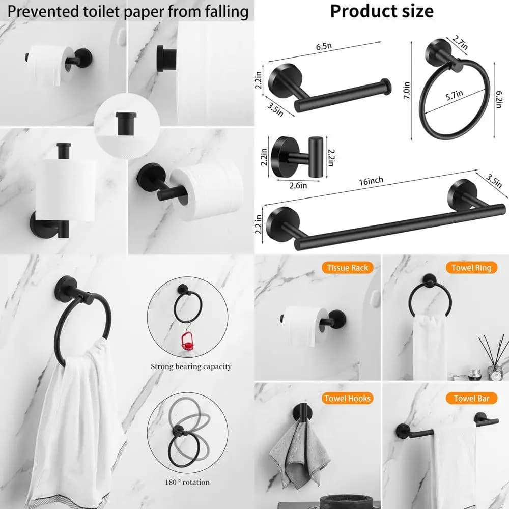 Set di accessori da bagno neri opachi da 10 pezzi: 2 portasciugamani, 4 ganci, 2 porta carta igienica, 2 anelli porta asciugamani