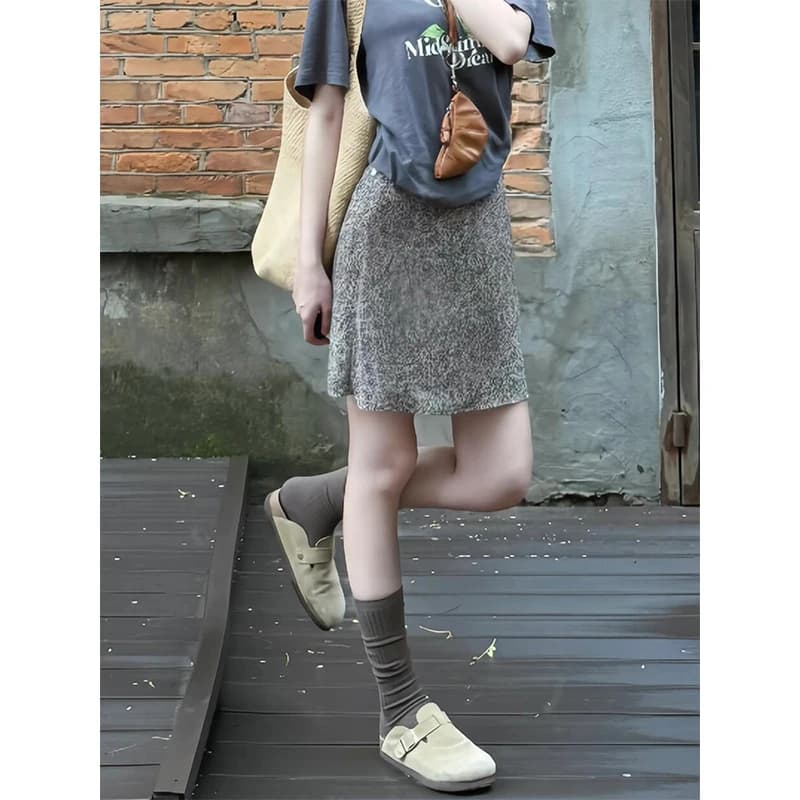 Slimming A-Line Skirt with Elastic Waist Thin Chiffon Leopard Print Summer Women's Fashion Citywalk Half-length Skirt