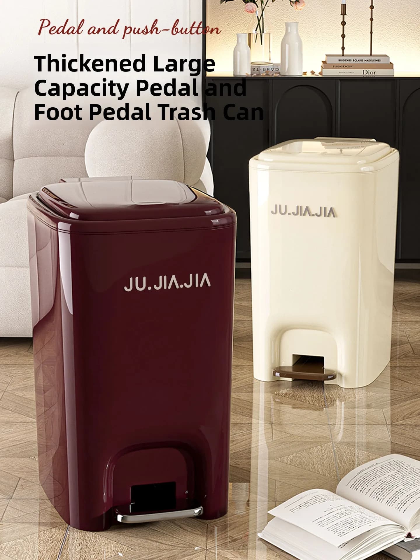 Pedal Operated Trash Can Large Capacity Covered Home Use for Kitchen Bathroom Living Room Luxury Minimalist Style Plastic Bin