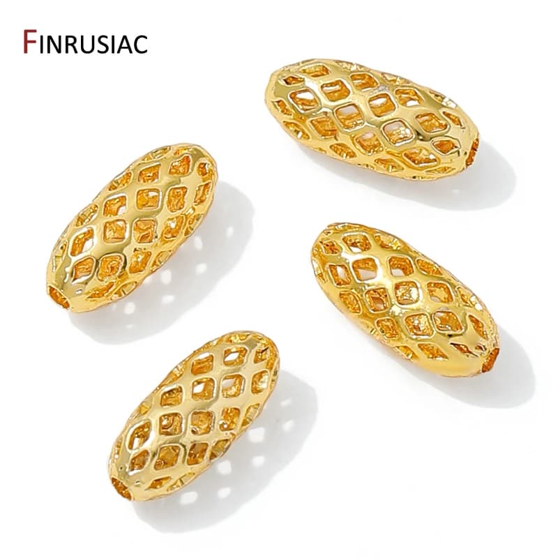 10 pieces 14/18 carat gold plated brass hollow beads, separate oval beads for diy bracelets making jewelry materials
