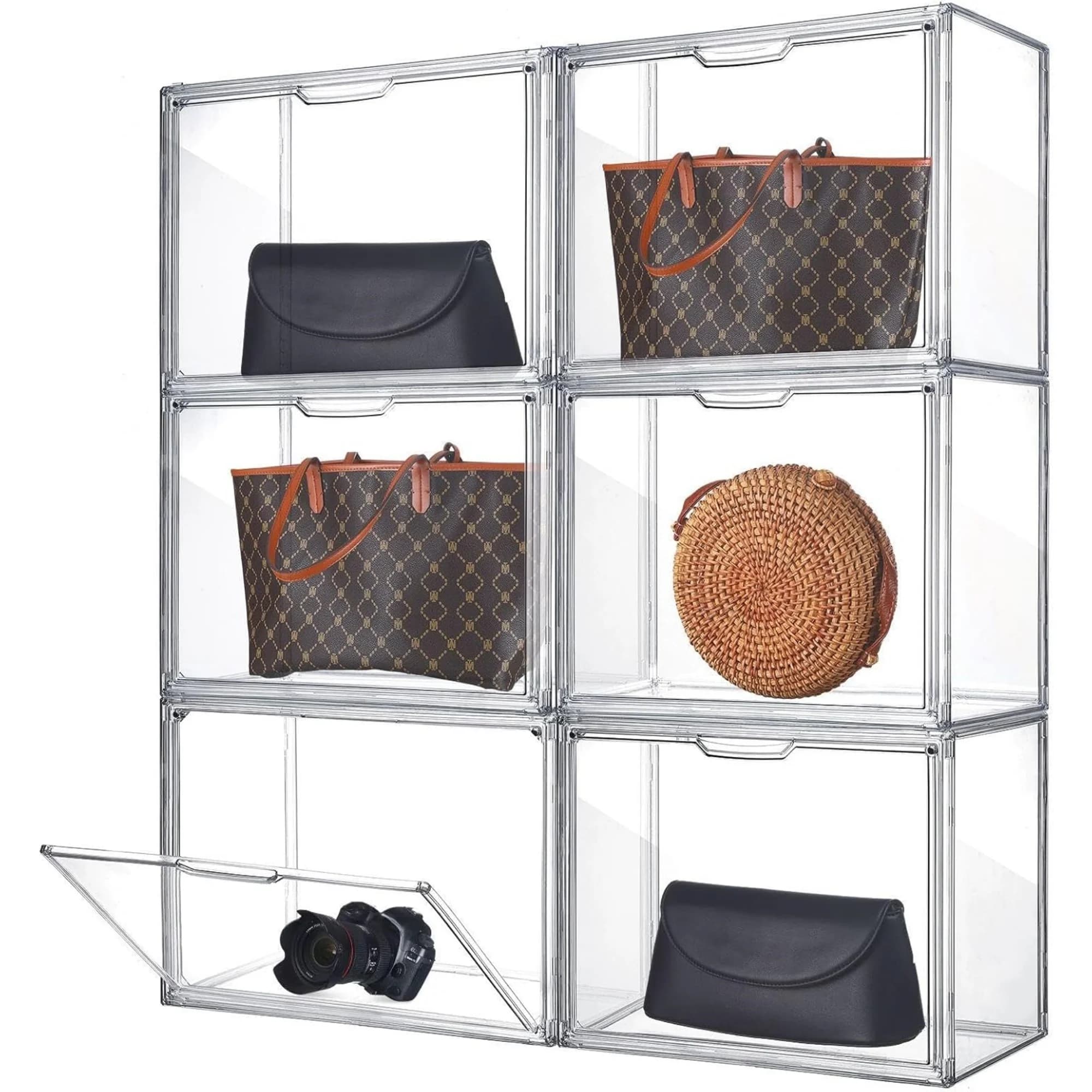 6 Pack Large Clear Acrylic Display Case with Magnetic Door, 14" x 9" x 10" Stackable Purse Storage Boxes Display Case for Handbag Cosmetic Wallet Heels Collectibles Figures Boots Storage