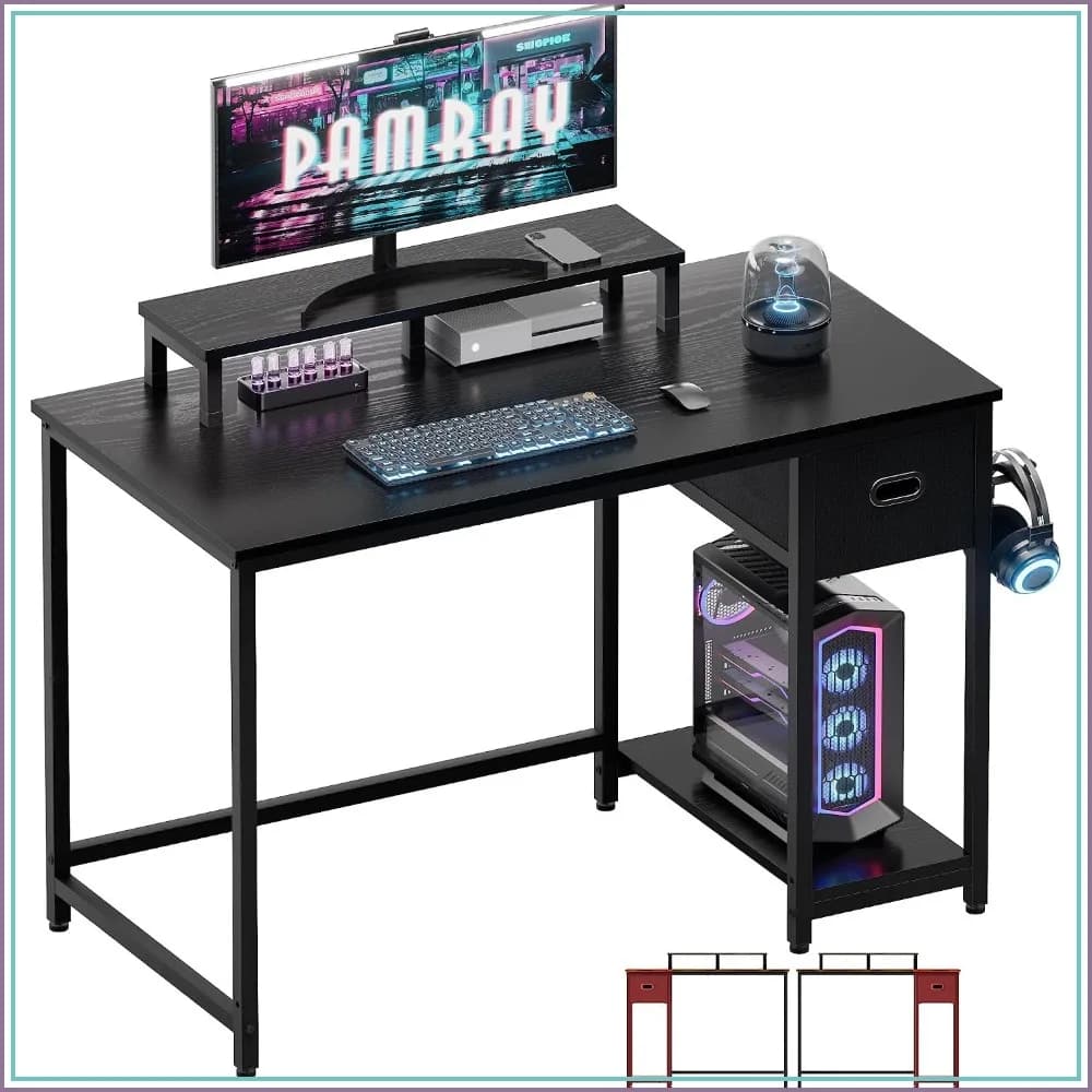 39 Inch Computer Desk with Monitor Stand, Small Home Office Desk with Storage Drawer, Black