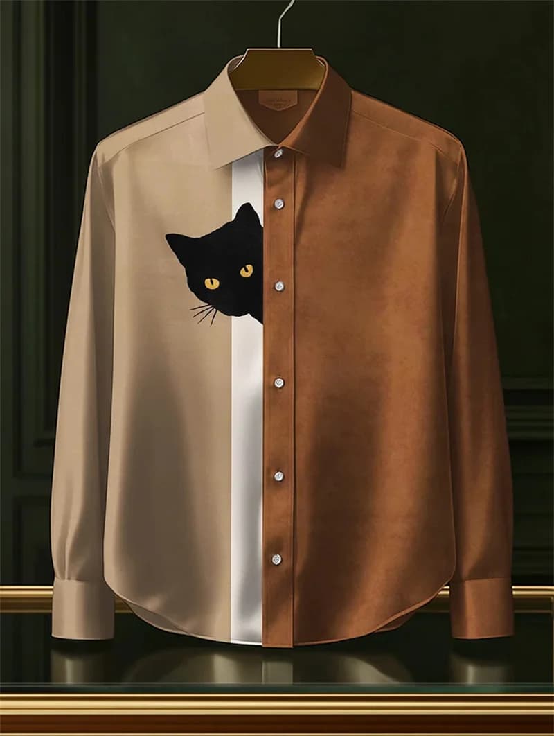 Camicia a maniche lunghe da uomo nuova Camicia casual stampata con gatto nero nascosto in lino da uomo Harajuku Top stampato con uccelli 3D per le vacanze
