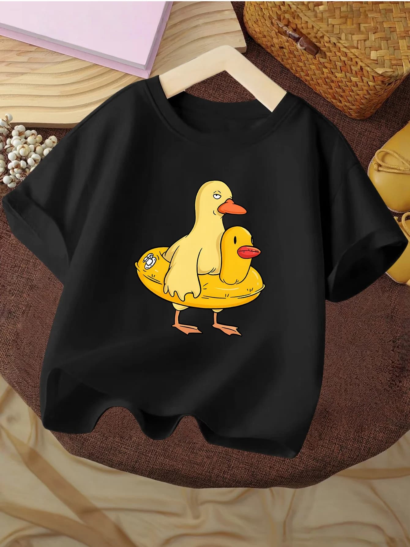 Funny Yellow Duck With Duck Swim Ring Cartoon Graphic Kids T Shirt Boys Girls Family Matching Summer Crew Neck Casual Tee