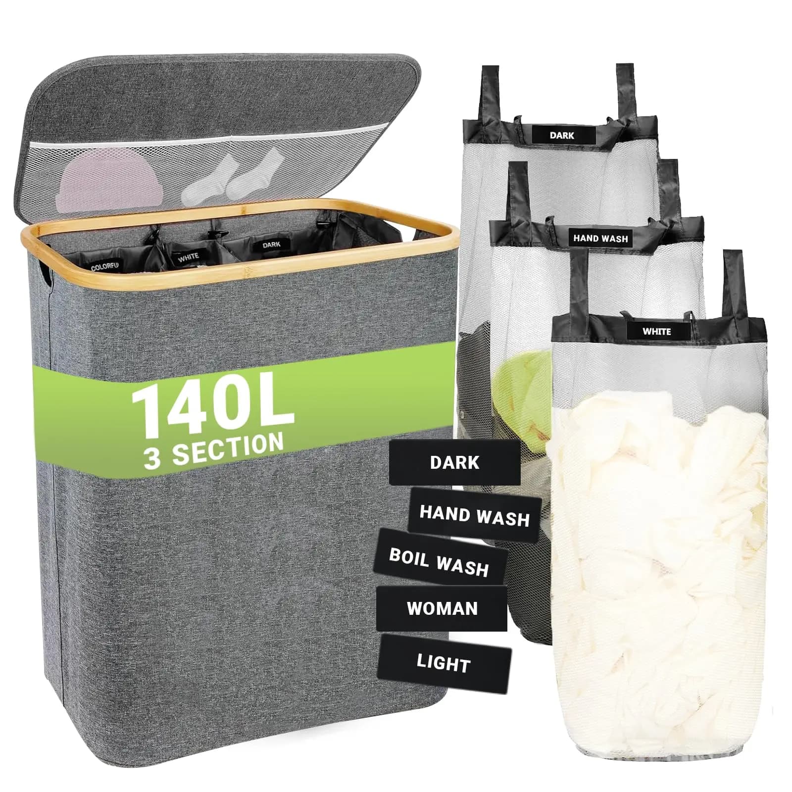 140 liters white paper basket 3 foldable white paper basket compartments with wiper cover with washing instructions and 3 linen bags