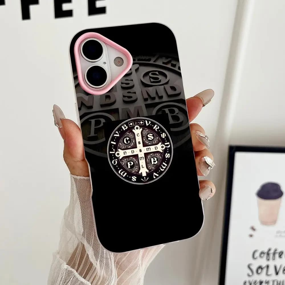 Saint Benedict Medal Phone Case for iPhone 17 16 15 14 13 12 11 Air Pro Max Plus Jelly Dual Layer Pink Cover