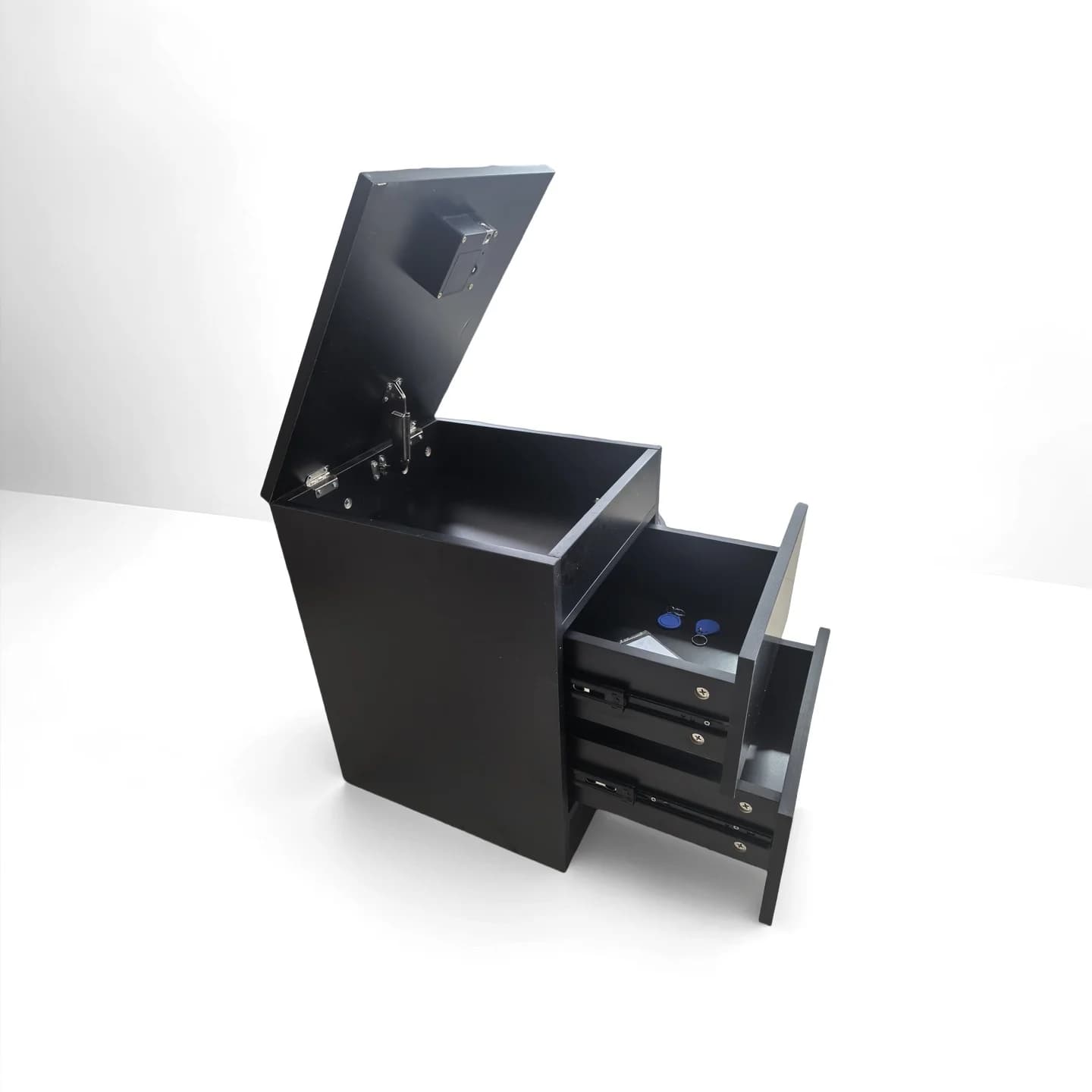 Scaffale sicuro per pistola di archiviazione segreta moderno, sicuro ed elegante. Comodino con scomparto nascosto di valore con portaoggetti con lucchetto per schede NFC