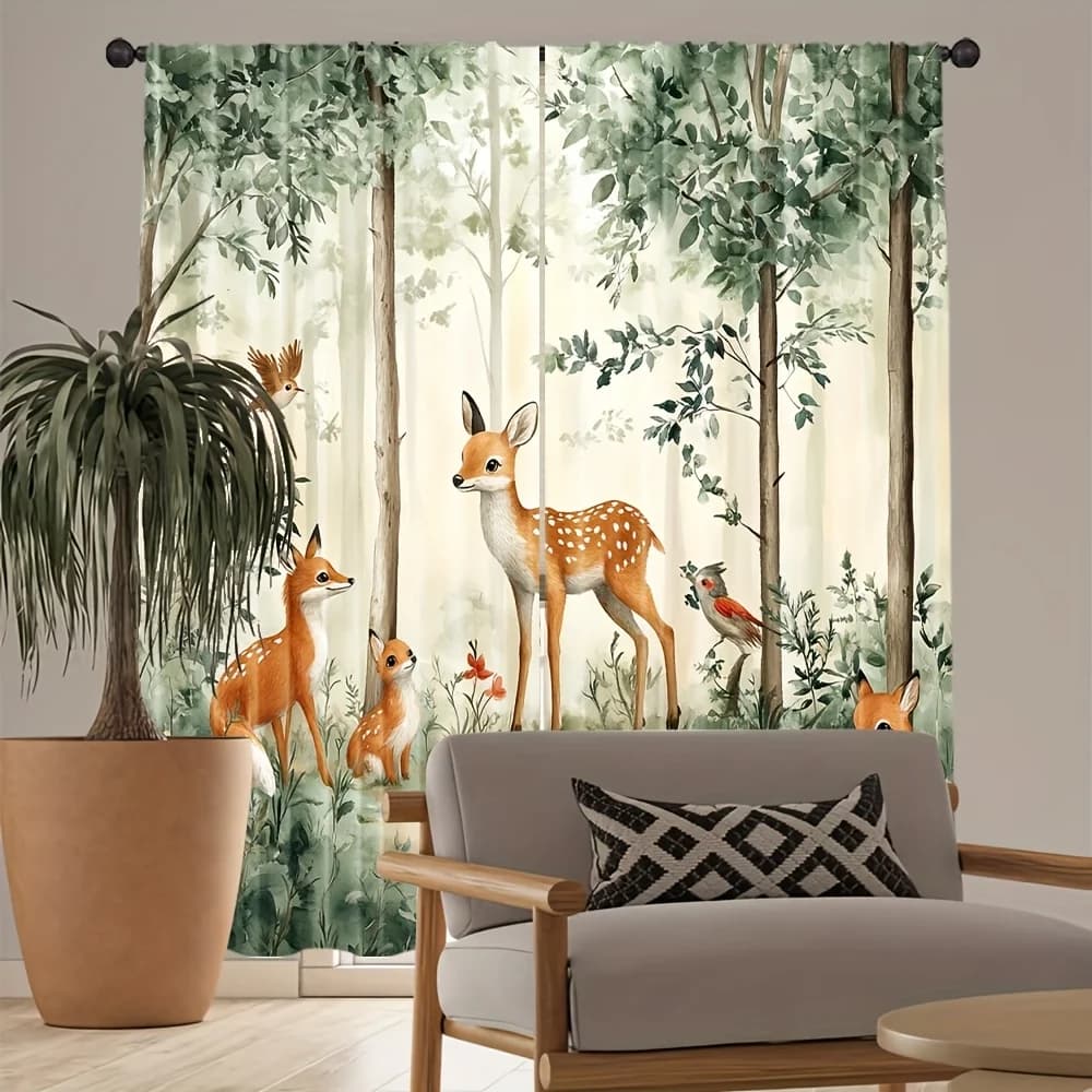 Forest Woodland Curtains Deer Fox Botanical Nature Pattern Drapes Polyester Fabric Home Decor Window Treatment