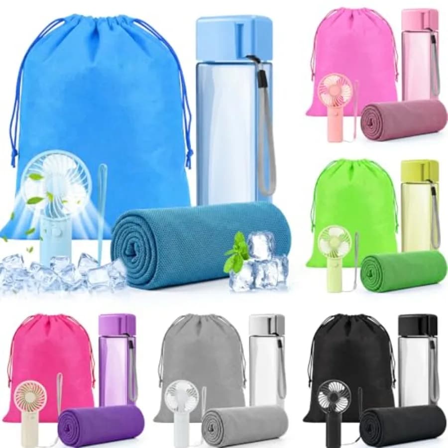 Set da 12 Pezzi: Kit Accessori Essenziali per Parchi a Tema e Navi da Crociera - Mini Ventilatore Portatile, Bottiglia d'Acqua da 17oz, Asciugamano Rinfrescante, Sacchetto con Coulisse S