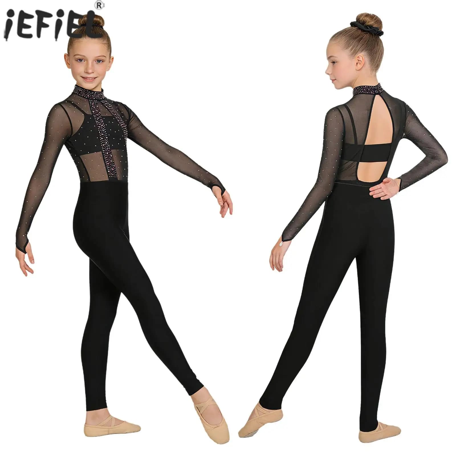 Body da ginnastica per bambina con strass Maglia trasparente Pattinaggio di figura Yoga Balletto Danza Unitards con leggings a canotta Fascia per capelli