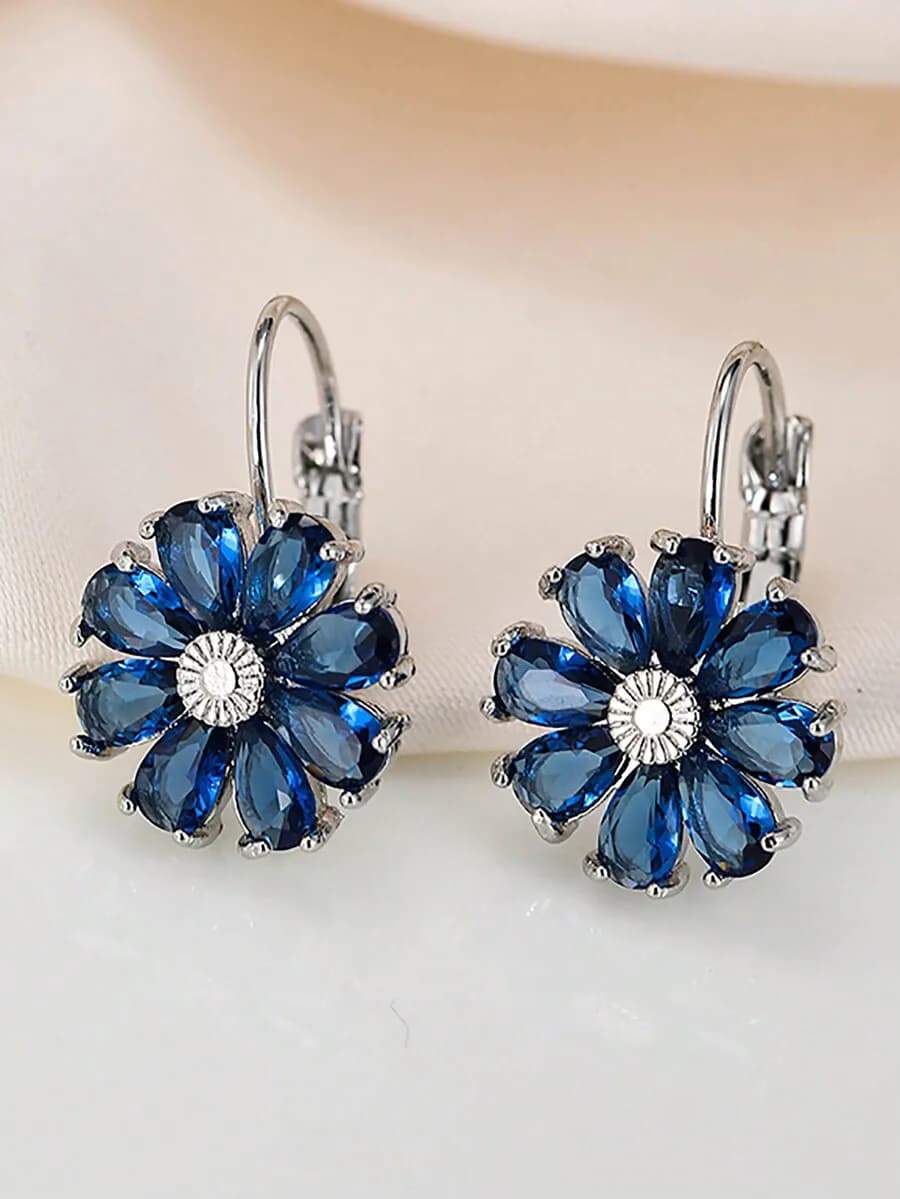 Blue Flower CZ Zirconia Hoop Earrings for Women Girls Daily Party Wedding Gift