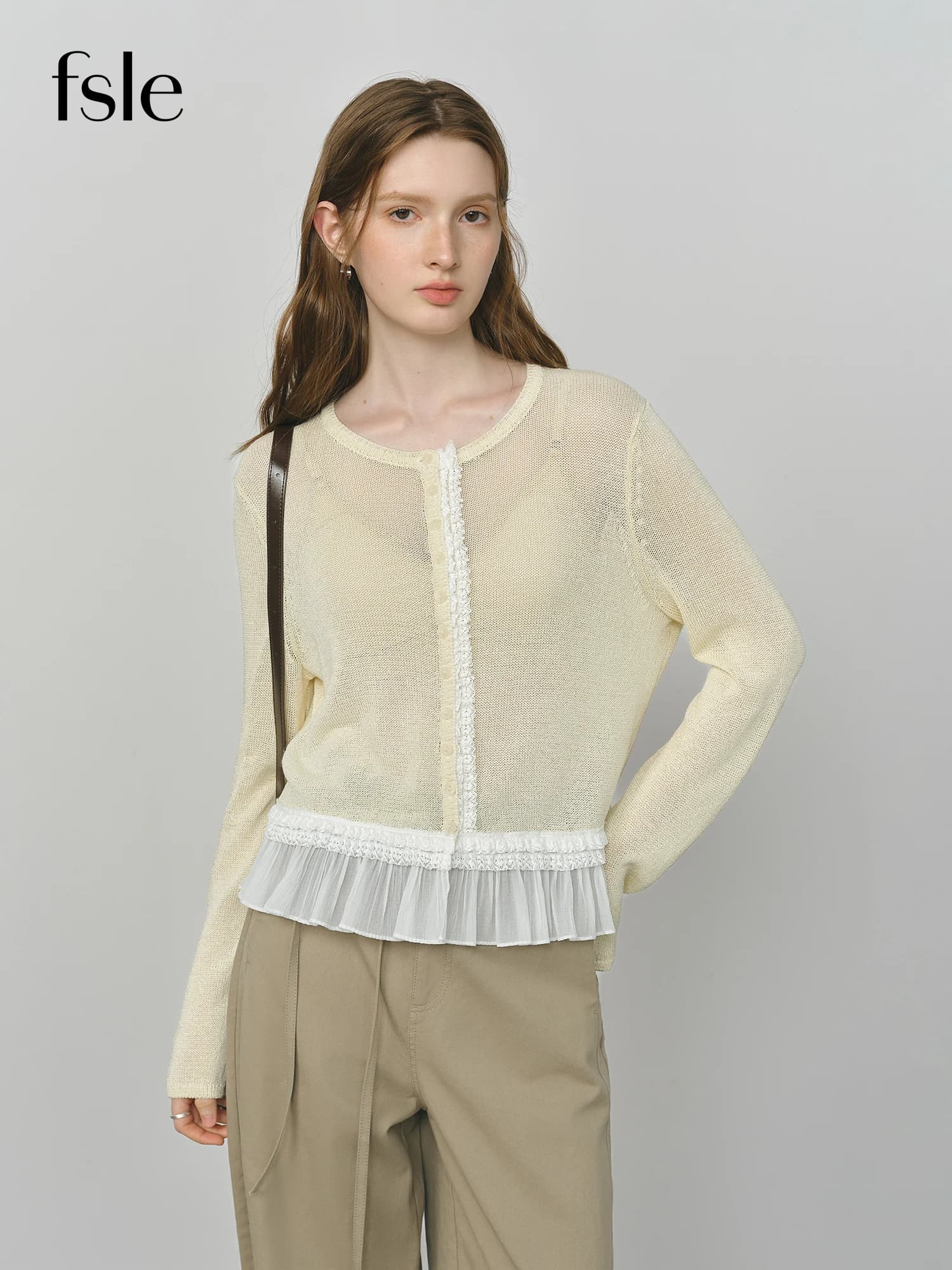 FSLE 2025 Cardigan lavorato a maglia a rete da donna autunno Colore giallo bianco Top Block girocollo manica lunga Y2K Coquette Office Chic Top