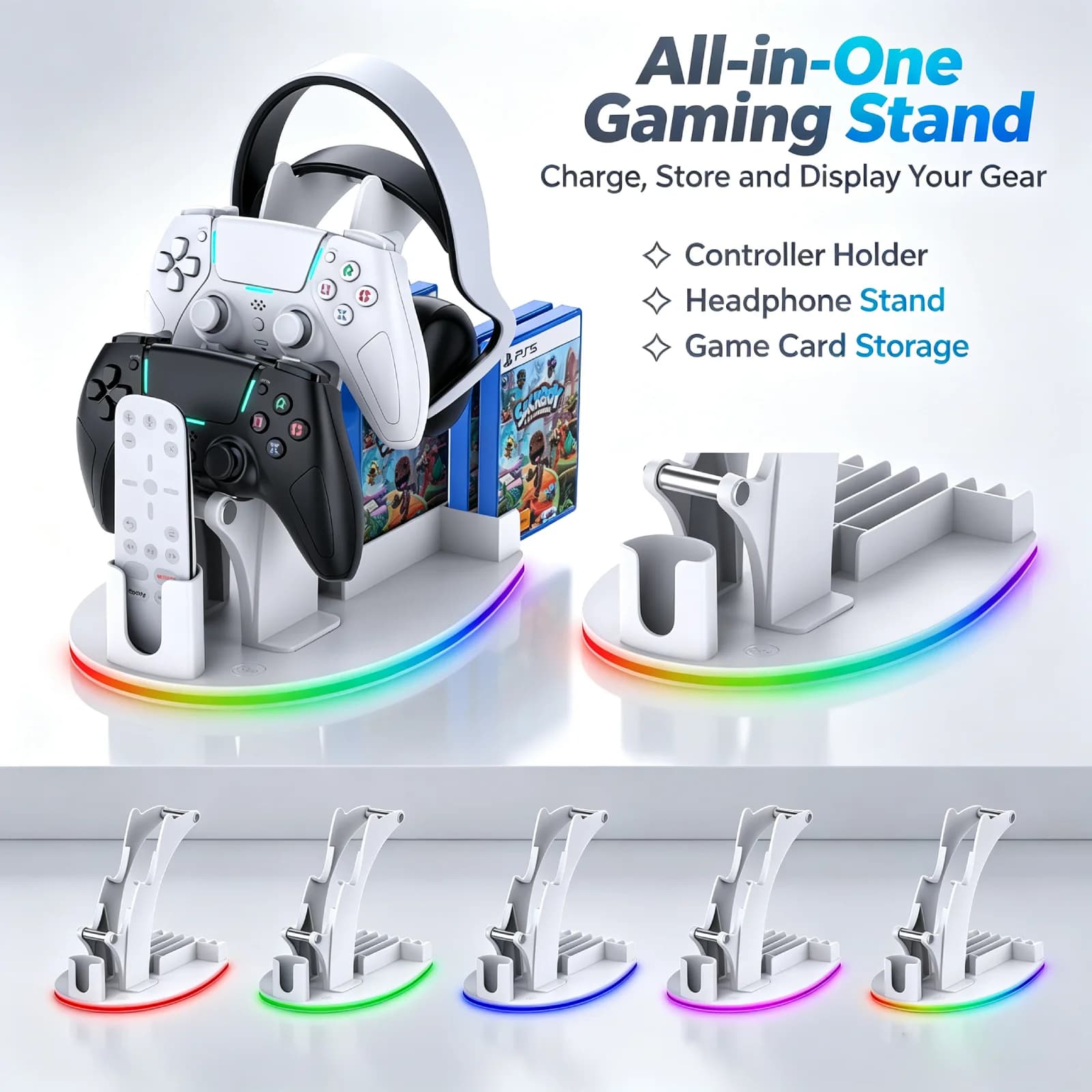 PS5 Desktop Storage Stand with RGB Lights Headphones/Controllers/Remote Players/Discs Illuminated storage rack Game accessories