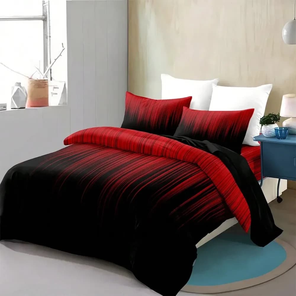 Set copripiumino con motivo a righe rosse e nere, 1 copripiumino, 2 federe, senza imbottitura, decorazioni per la camera da letto con motivo alla moda