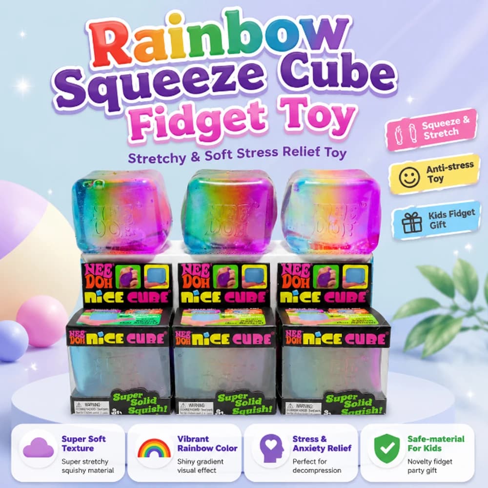 NeeDoh Rainbow Squeeze Cube Fidget Toy, Soft Stretchy Squishy Stress Relief Toy, Colorful Sensory Decompression Toy Kids Adults