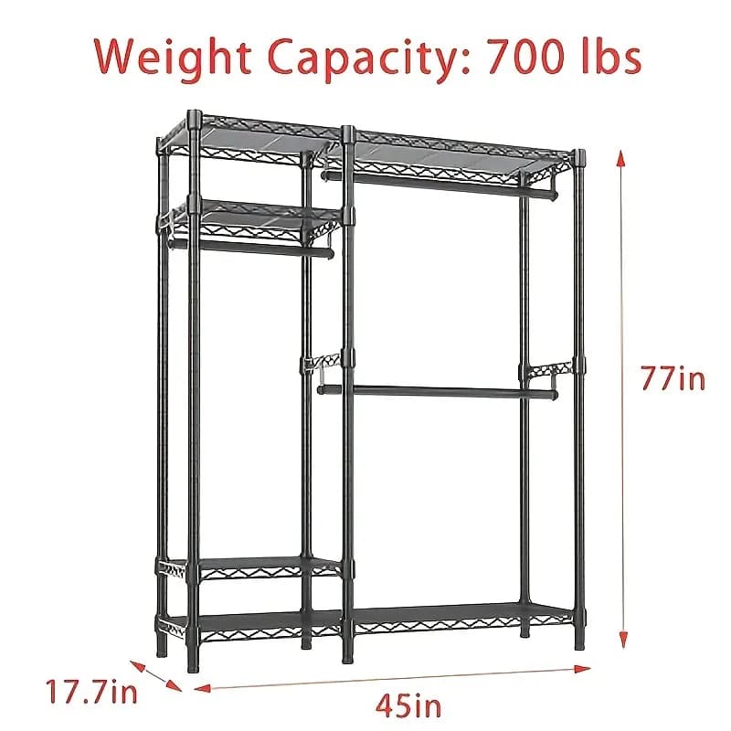 Closet Organizer with 5 Hanging Rods & 8 Adjustable Shelves — Heavy-Duty 22mm Steel Frame, Black Finish, Easy Assembly, Space-Sa