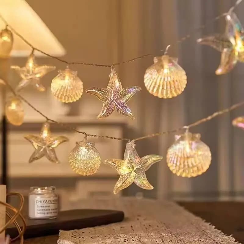 1PC romantico stella marina capesante luci della stringa alimentate a batteria lucine atmosfera lampada decorativa per la stanza del negozio di feste di nozze