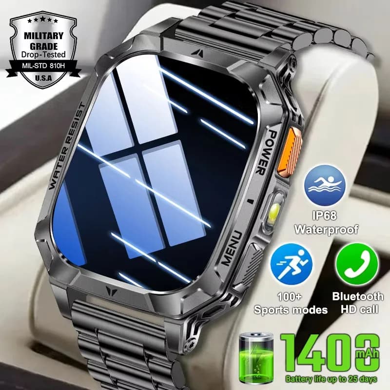Orologio da uomo Smart BT Torcia sportiva tattica impermeabile IP68 Tracking Fitness Batteria mAh 1400 Smartwatch Militare Robusto con funzione chiamata