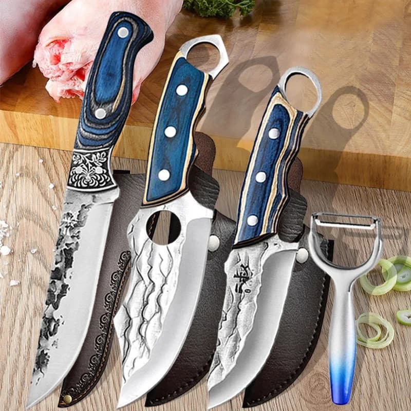 Coltello da Macellaio WXCOO in Acciaio Inossidabile con Manico in Legno, Forgiato con Motivo a Martello, per Carne e Disosso