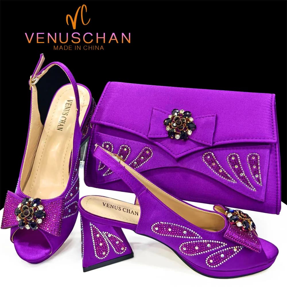 Venus Chan-scarpe e borse italiane abbinate per le donne fiocco strass Peep Toe tacchi alti colore viola festa nigeriana 2024