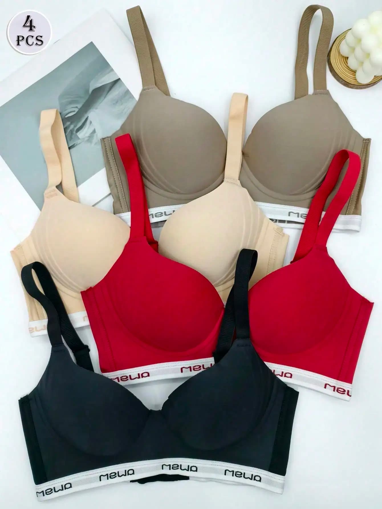 Confezione da 4 reggiseni da donna, colore solido, stile sottile, per seno grande, senza anelli in acciaio, senza cuciture