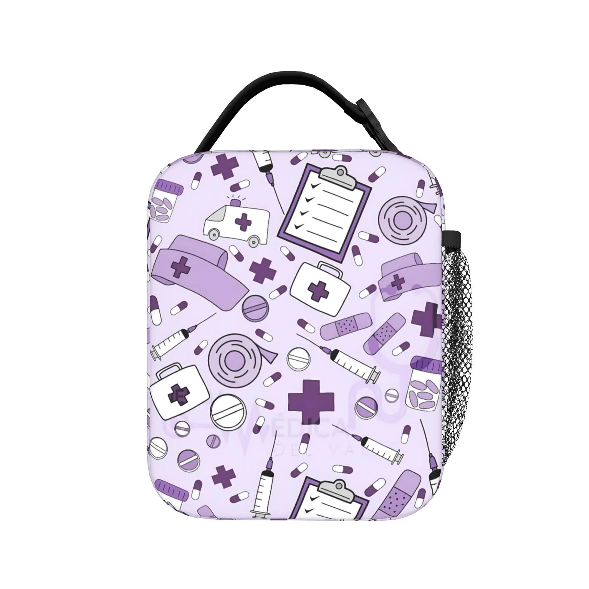 Doctor and Nurse Medicine Purple Lunch Bag Insulated Lunch Box Girls Picnic Print Cooler Bag Cute Oxford Thermal Lunch Bags