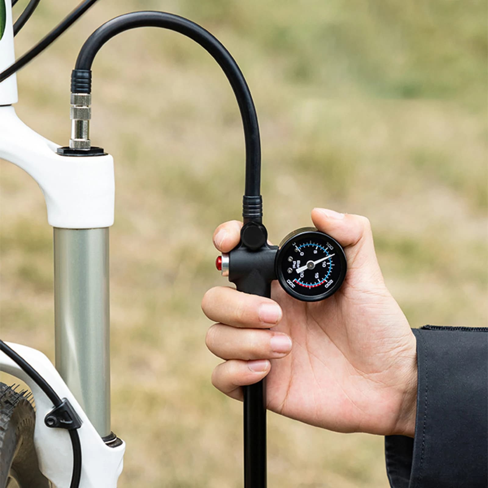 Pompa per Bicicletta ad Alta Pressione con Manometro per Forcella Ammortizzata, Valvola Presta e Schrader, Gonfiatore Portatile per MTB e Bici da Strada