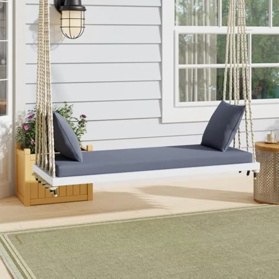 Dondolo da Esterno in Legno di Acacia con Cuscino e Cuscini Decorativi, Sedia Sospesa Bianca per Giardino e Prato con Corda in Canapa