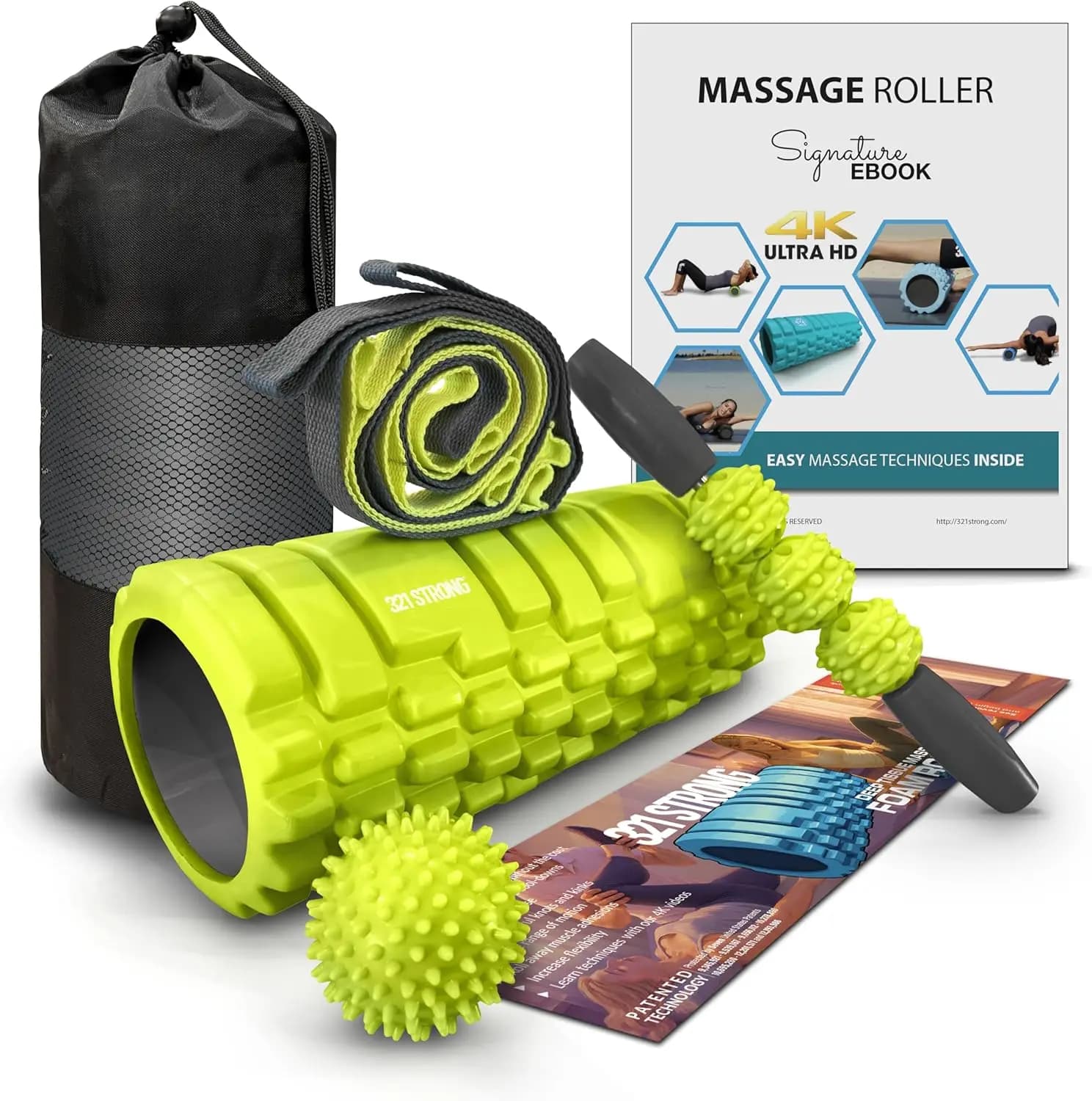 Set 5-in-1 Massage Roller with Massage, Muscular Massage Stick, Stretching Strap, Ball and Bag for the Deep Lift of Fabrics