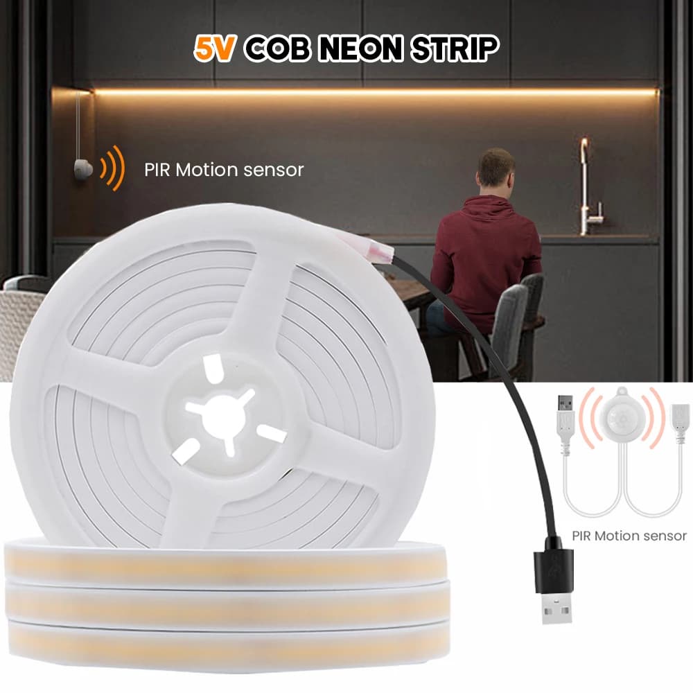5V Smart PIR Motion Sensor COB Neon LED Strip Light Auto ON/OFF Remote Control 320led/m Waterproof Kitchen Stair Wardrobe Decor