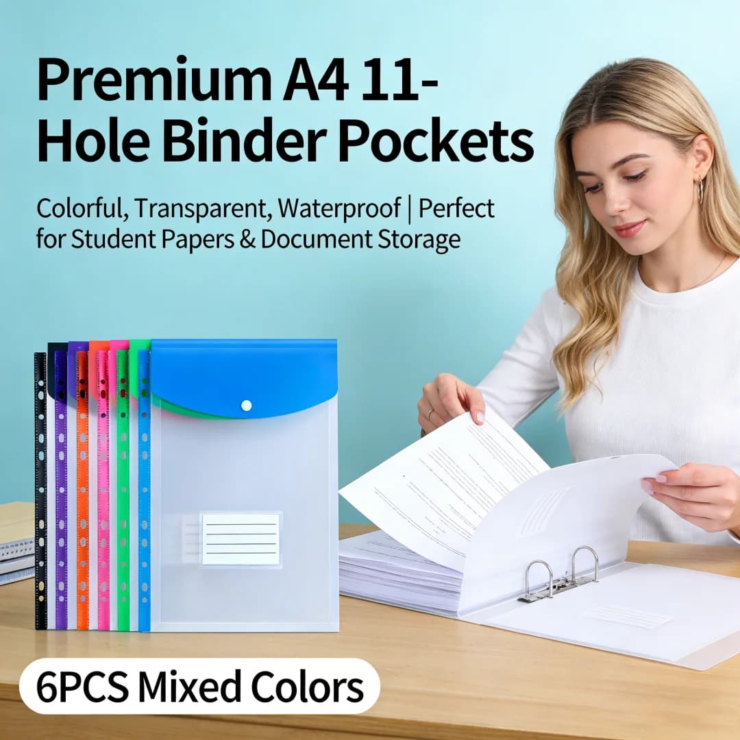 Set di 6 Cartelle Portadocumenti in Plastica con Anelli a 11 Fori, Tasche per Etichette e Chiusura a Bottone, Formato A4, per Scuola e Ufficio