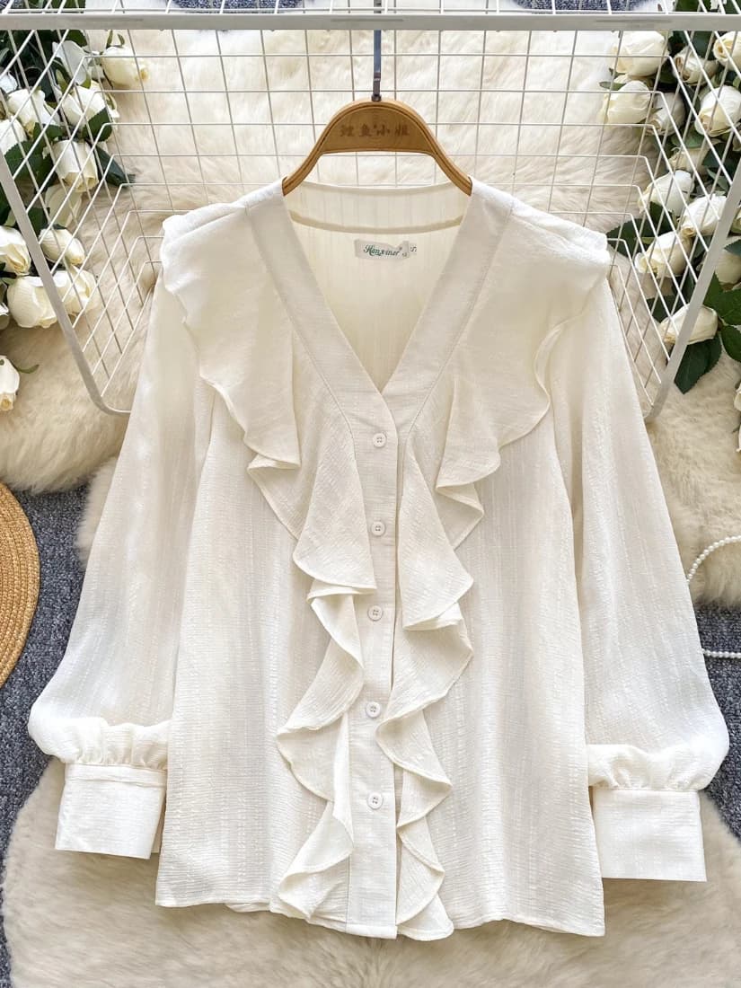 Foamlina Camicia bianca da donna primavera autunno francese elegante volant scollo a V manica lunga monopetto camicia ampia camicetta vintage