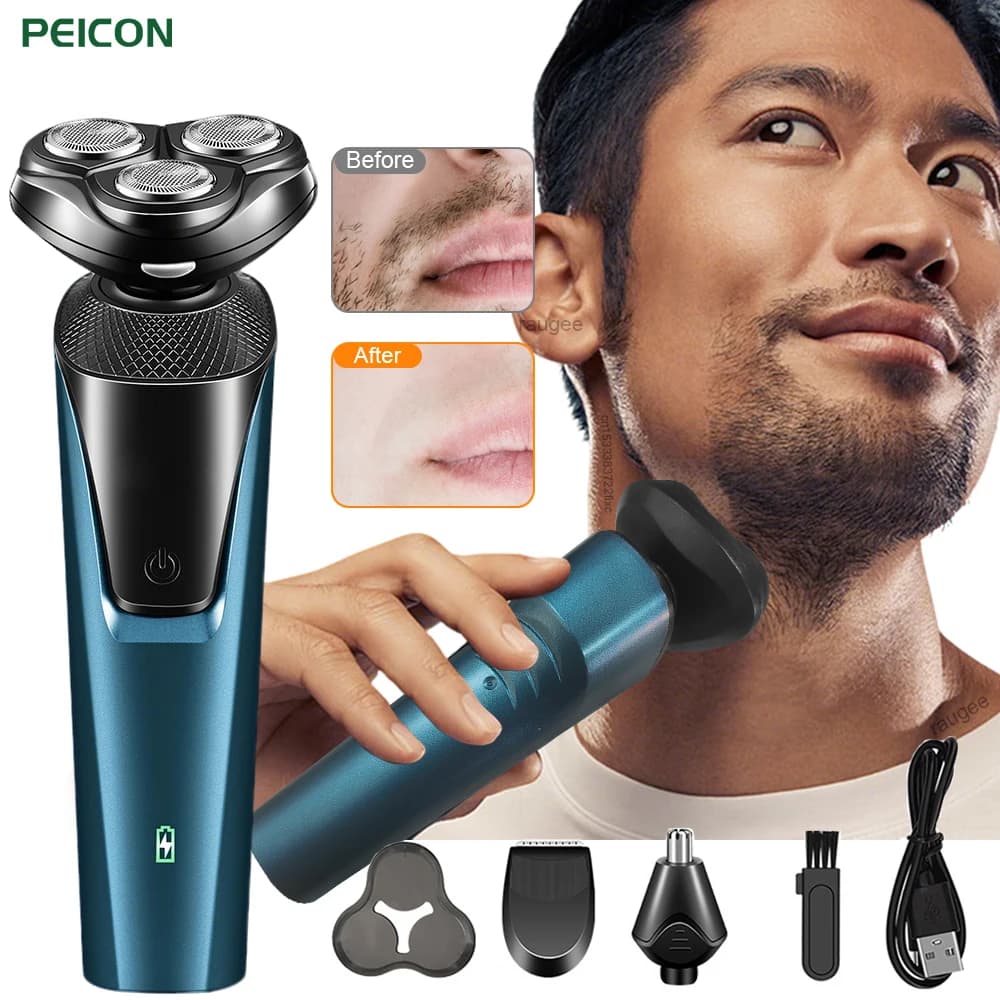 3-in-1 Electric Razor: Adjustbarba, Naso Haircut and 4D Floating Razor Rechargeable USB Portable