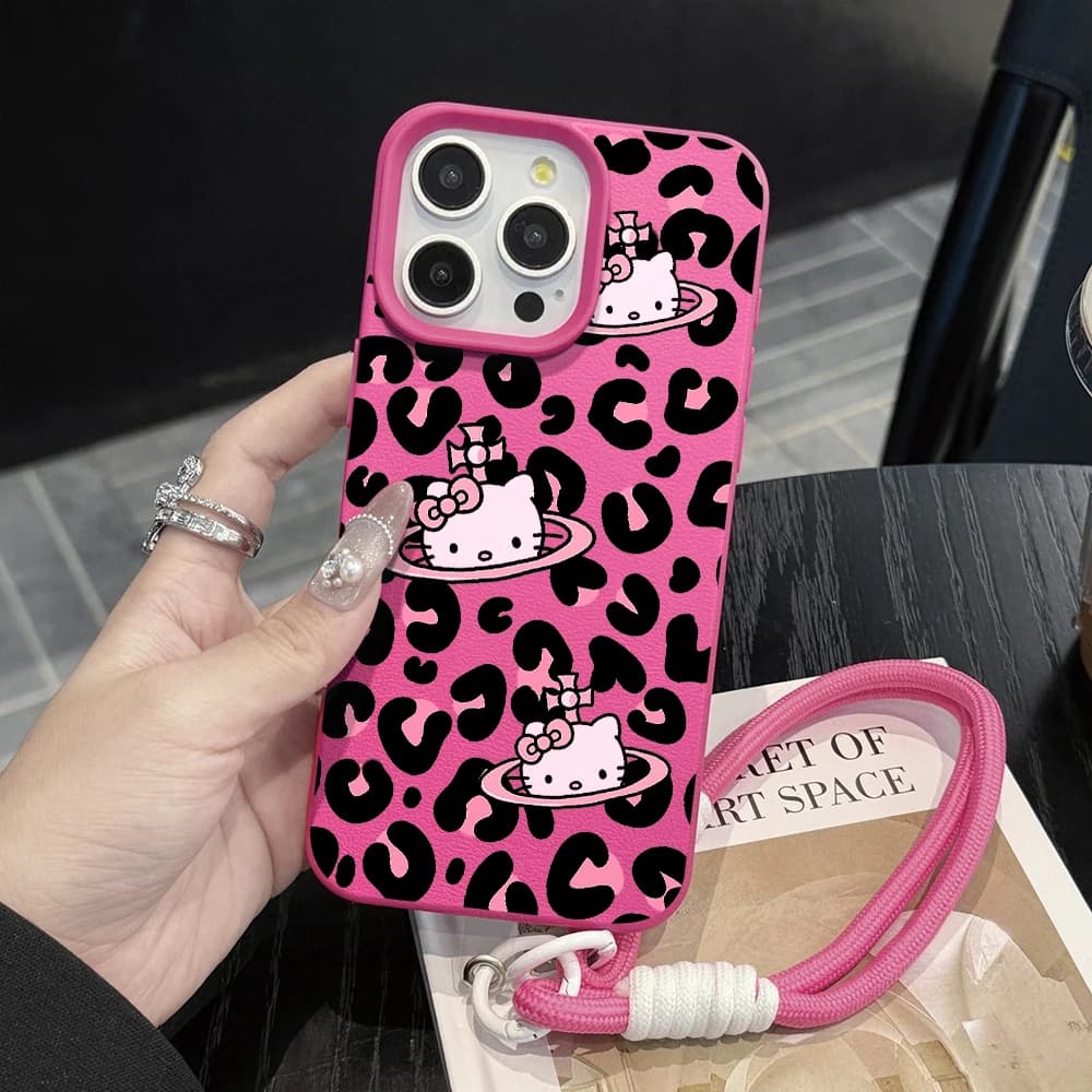 Custodia per telefono con laccetto, stampa leopardata nera e motivo litchi, simpatica Hello Kitty, per iPhone 16 Air 17 15 14 13 12 11 Pro Max XS X 8