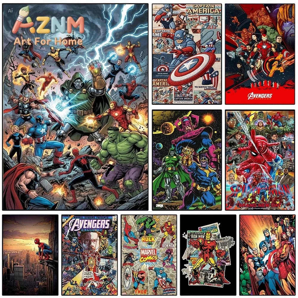 Marvel Superhero Canvas Wall Art Avengers Spider Man Iron Man Hulk Captain America Comic Print Poster Home Decor Unframed Canv