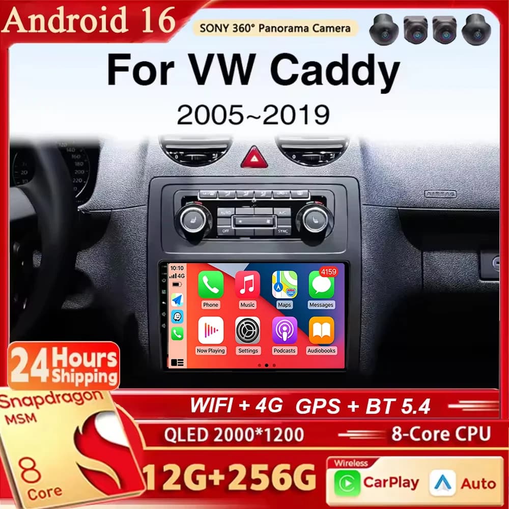 Autoradio Android 16 con Navigazione, Lettore Multimediale Stereo, Carplay e Auto per Volkswagen VW Caddy 2005-2019