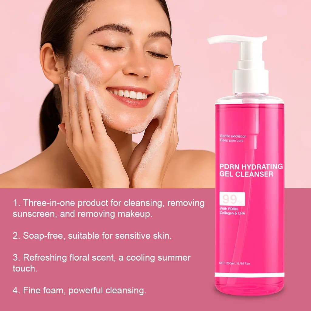 Gel Detergente Idratante PDRN, Schiuma Rosa al Salmone con PDRN e Collagene, Pulizia Profonda, Delicato e Non Irritante, 200ml