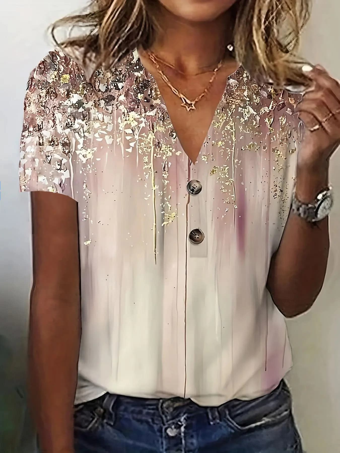 2024 Camicetta stampata a fiori estivi T-shirt allentata da donna Camicia con bottoni a maniche corte con scollo a V Top casual alla moda da donna