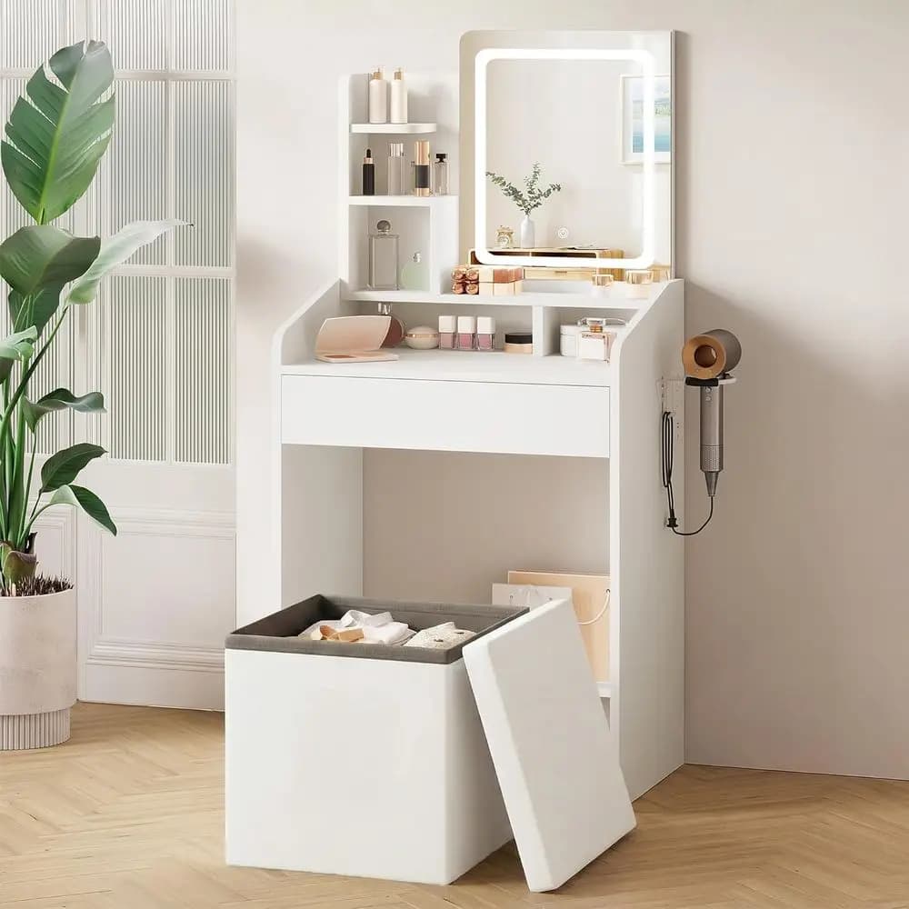 LIVELYGLOW Set Vanity Compatto con Specchio Illuminato e Stazione di Ricarica, Scrivania Trucco Bianca da 24 Pollici con Sgabello Contenitore, Supporto Asciugacapelli, S
