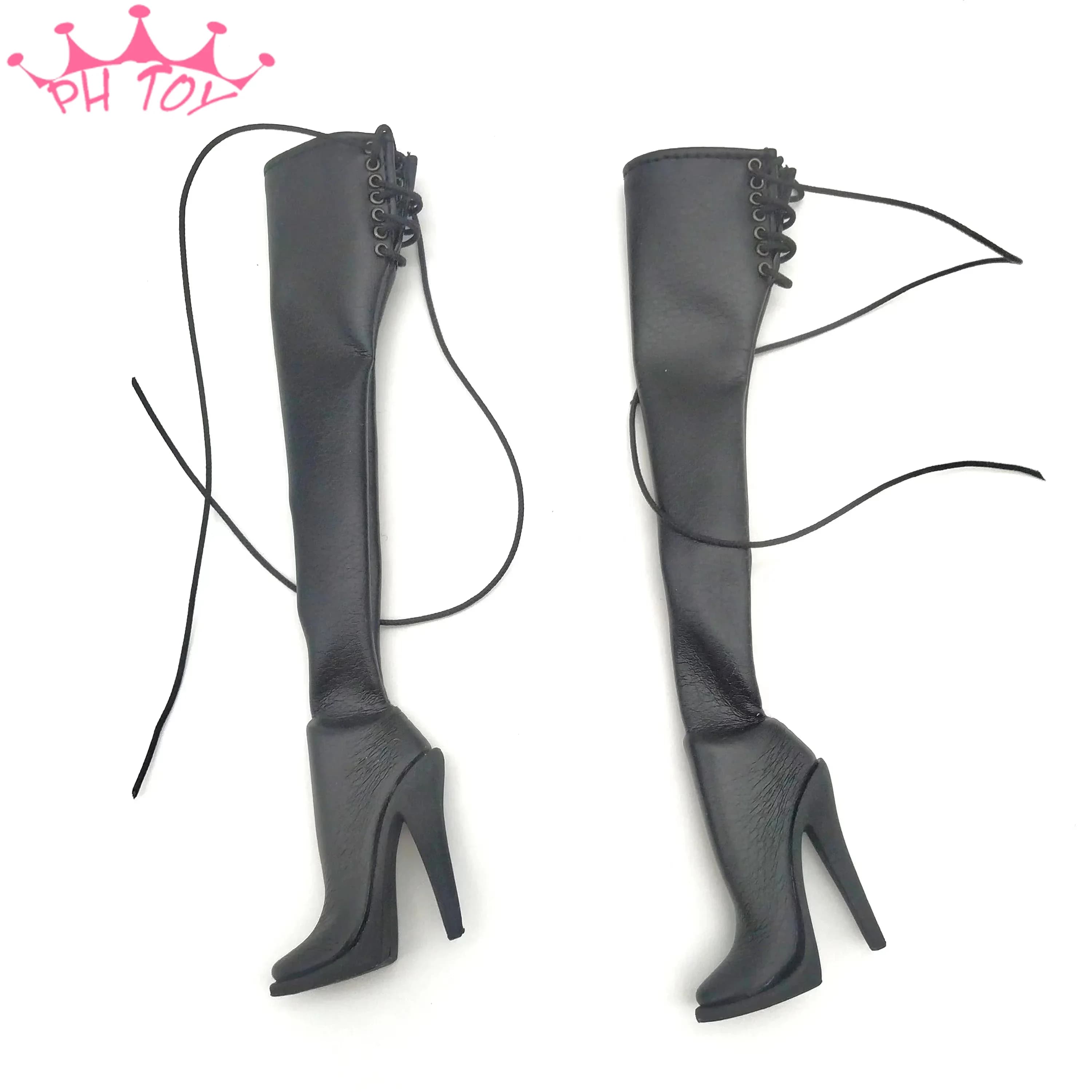 Stivali lunghi con tacco alto in pelle nera 2b in scala 1/6 Scarpe stringate alla moda con stampo per piedi per giocattoli Action Figure da 12 pollici