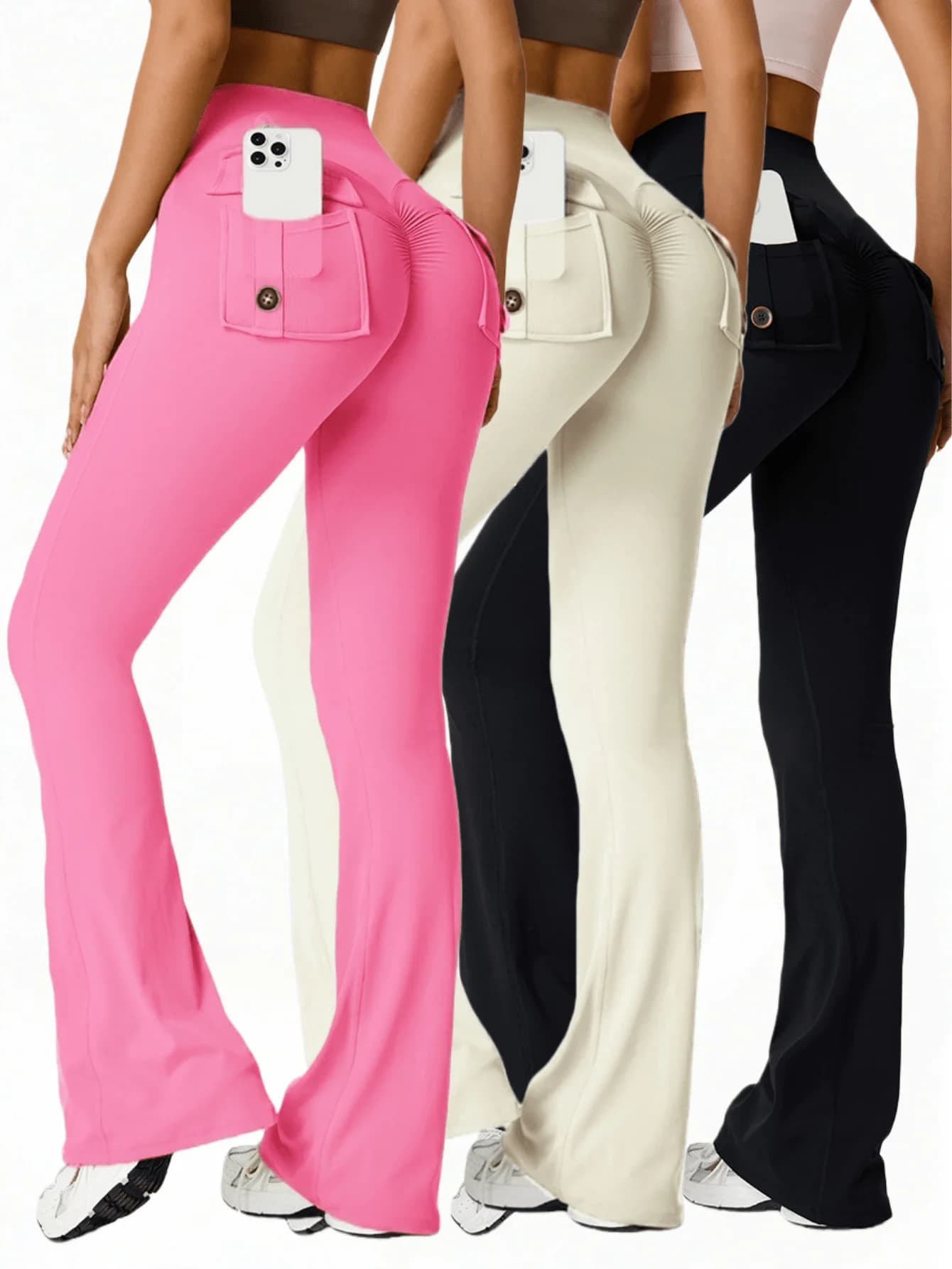 Set di 3 Pantaloni Yoga a Vita Alta per Donna con Tasche Posteriori e Effetto Push-Up
