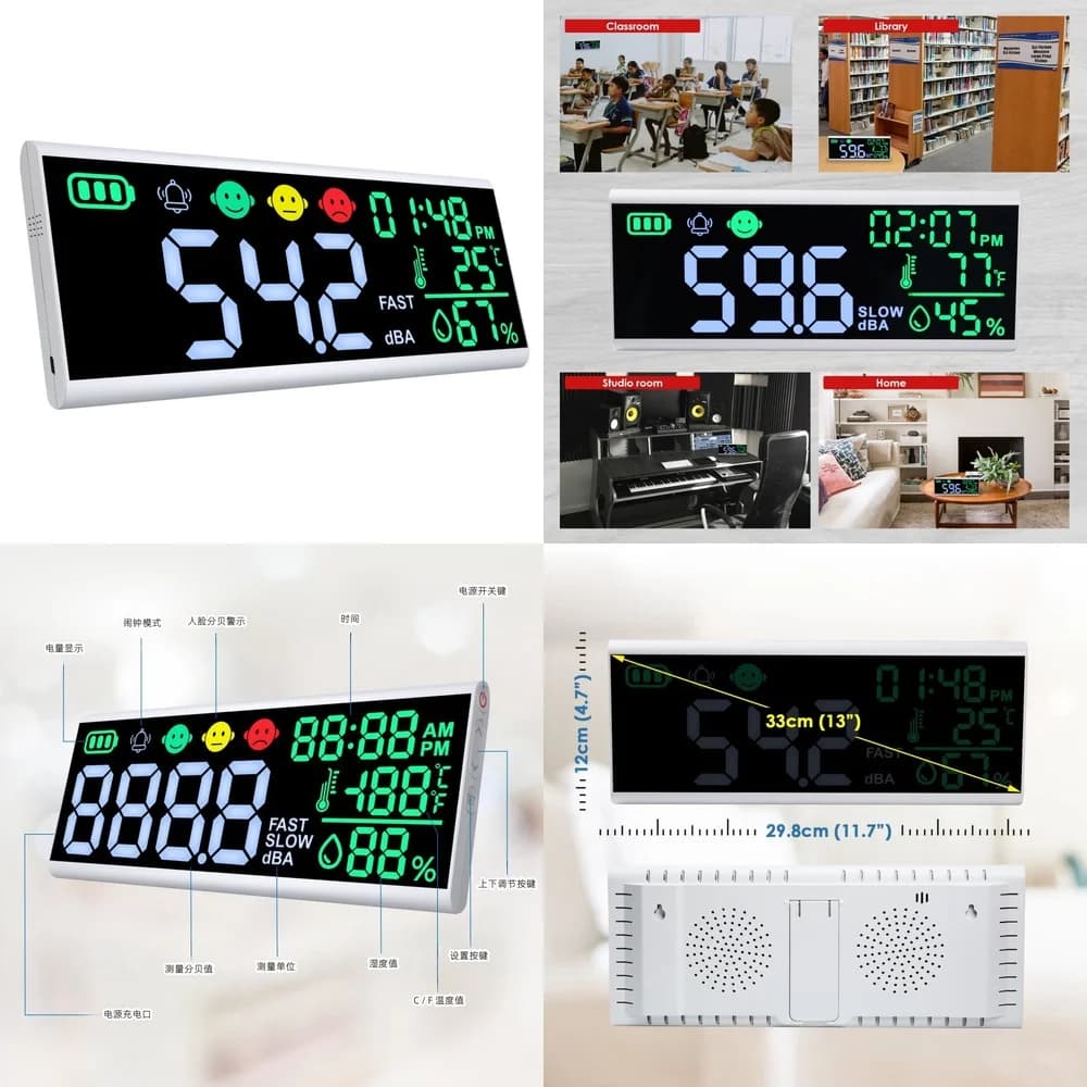 Digital Wall LED Sound Level Meter with Large Screen, Rumor Tester, Alarm Clock, Time and Temperature
