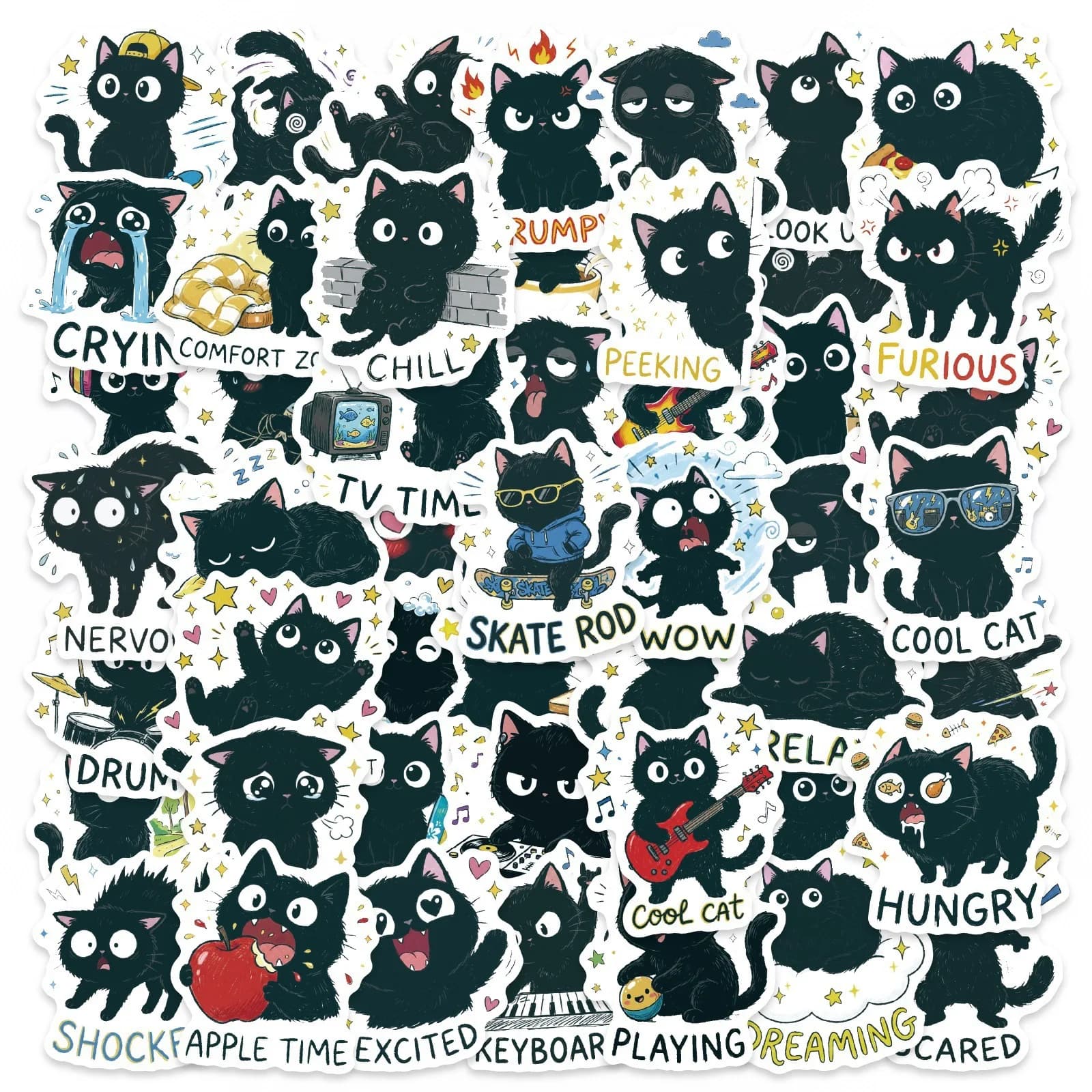 50/100 Pezzi Adesivi Creativi a Forma di Gatto Nero Cartoonesco, Impermeabili per Cartelle, Diari, Telefoni, Laptop, Tazze, Skateboard