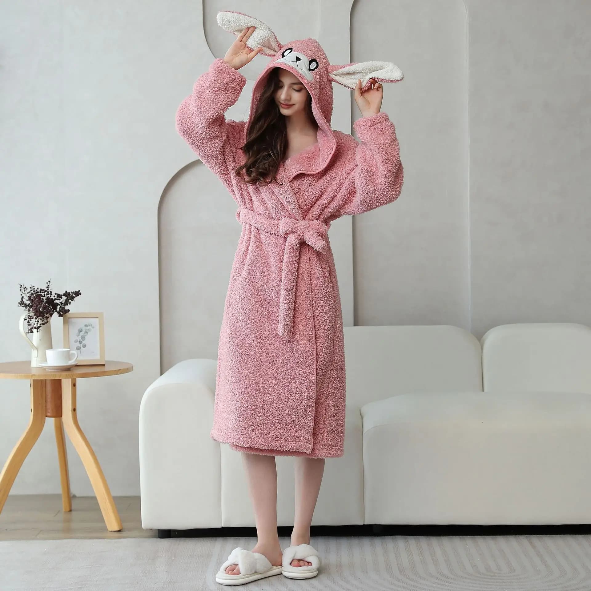 Women's Sleepwear Gown Cartoon Panda Hooded Cardigan Robe With Belt Flannel Bathrobe Velvet Pajamas Winter Warm Home Clothes