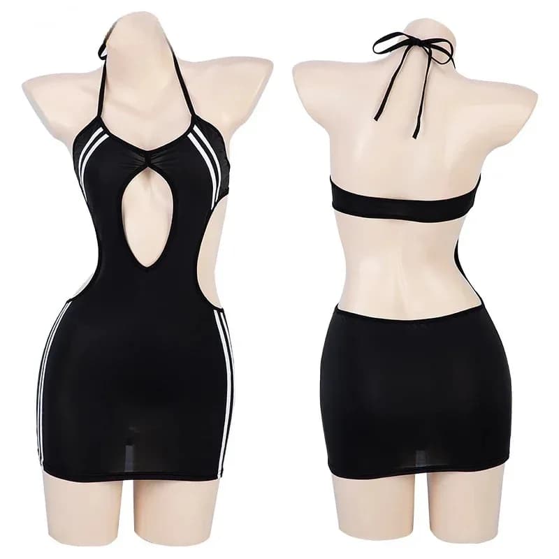♥ New 2026 Anime Hollow Out Open Chest Uniform Sex Women Cosplay Halter Lace-up Skirt Stripe Dress Nightdress Under ★Bear House